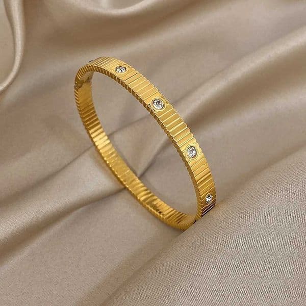 Minimalist Stainless Steel Striped Round Bracelet Women Luxury Zircon Geometry Cuff Spring Bangle Waterproof Jewelry Gift New J260411