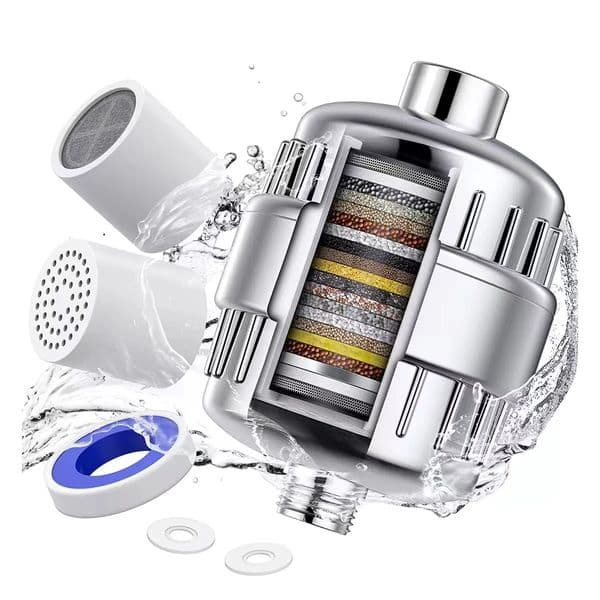 15 Stage Shower Head Filter, Universal Hard Water Softener Filter with Replaceable Cartridge, Remove Chlorine Fluoride for Skin Hair