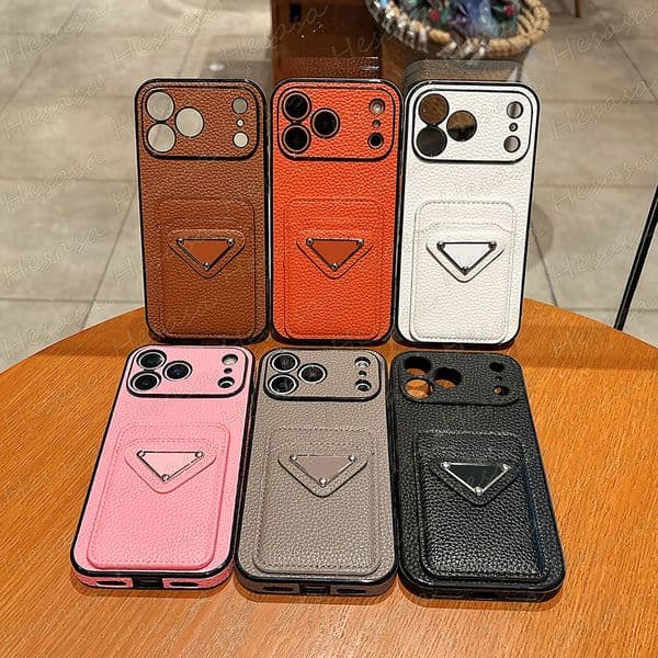Tri-angle Designer Leather Phone Case for iPhone 17 Air 16 15 14 Plus 13 12 11 Pro Max Ultra Slim Card Slot Pocket Holder Retro Lychee Grain Cover Luxury 16pro iPhone15