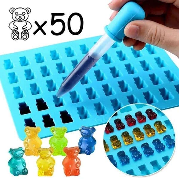 1pc 50 Cavity Silicone Gummy Mold With a Dropper Making Bear Candy Chocolate Fondant DIY Baking Moulds