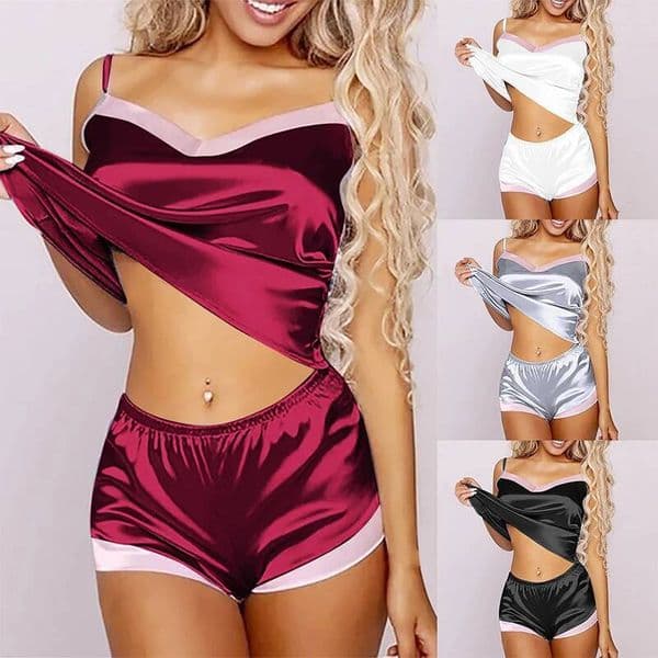 New women's sexy satin two-piece Home clothing top and shorts solid color silk sleepwear set