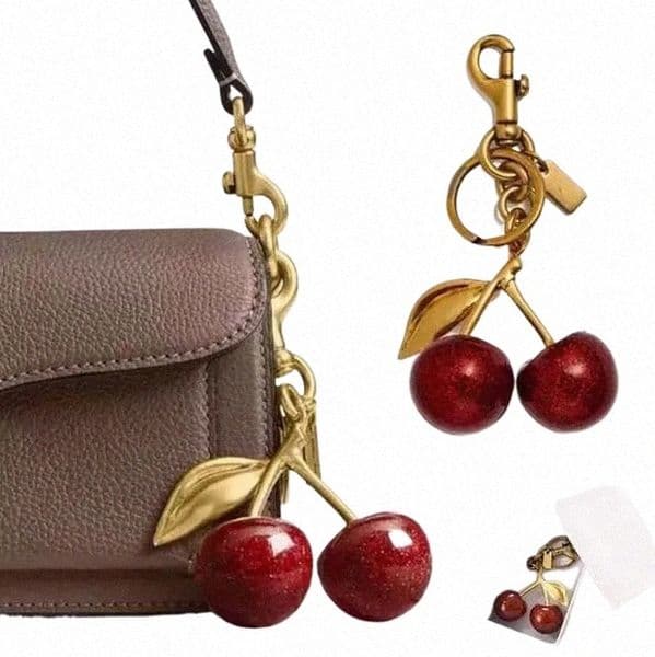 golden Cherry Keychain Charm - Shiny Resin Metal Bag Accessory Elegant Gift for Women Purse or Handbag Decoration V0KH#
