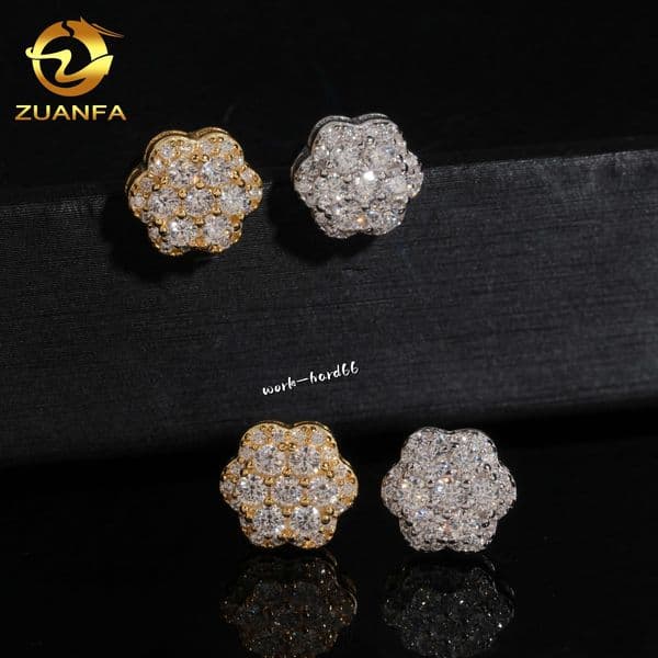 Wholesaler Iced Out VVS White Gold Cluster Flower Lab Diamond Earrings 14K Solid Gold Women Men Hip Hop Fine Jewelry