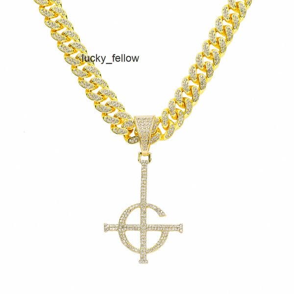 Hip Hop Cool Punk Mens Choker Necklace Full Diamond Ghost Cross Pendant Personality Cuban Chain