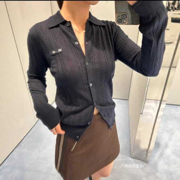 Women's Knits & Tees Designer Series Early Autumn New Hollow-out Lapel Long-sleeve Knit Top T-shirt Slim-fit Trendy CHV3