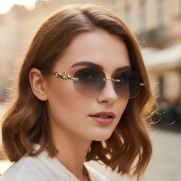 Fashionable Korean-style new frameless cut-edge sunglasses with UV protection and leopard-shaped temple decorations, high-end glasses