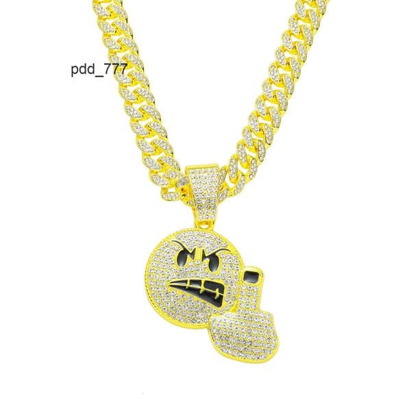 Emoji Angry Middle Finger Expression Full Diamond Pendant Cuban Chain Personality Hip Hop Trendy Necklace