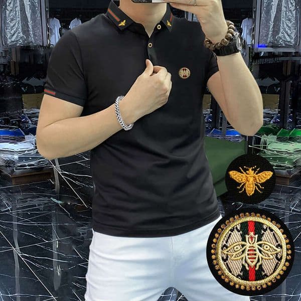 Men's Premium Slim Fit Polo Shirt Black Short Sleeve With Gold Bee Embroidery And Stripe Collar Detail Casual Summer Business Casual Tops Daily Wear