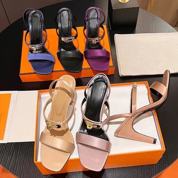designer Satin Cone Heel Sandals FashionClassics Ankle Metal buckle decoration party Evening shoes suede women's stiletto heels Sandals Wedding shoes35-42
