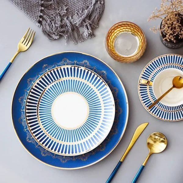 Bestseller Nordic Exquisite Gold Plated Striped Ceramic Villa Restaurant Western Tableware Dessert Salad Steak Plate Kitchen Utensils Ddmytues