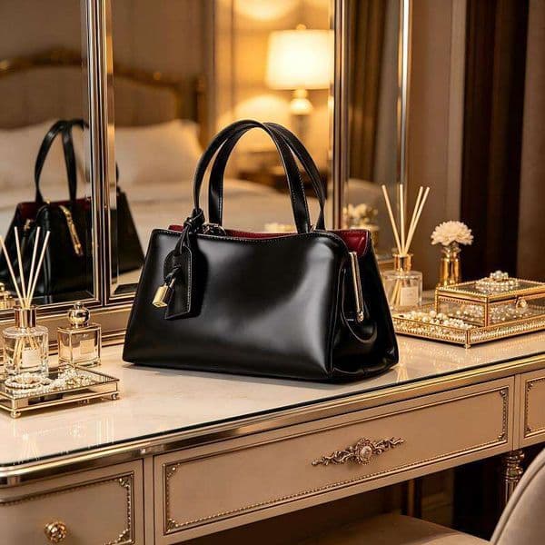 Genuine Leather Handbag for Women, Elegant Top Handle Tote Bag with Gold Hardware, Red Lining Designer Shoulder Bag for Office, Shopping & Daily Use