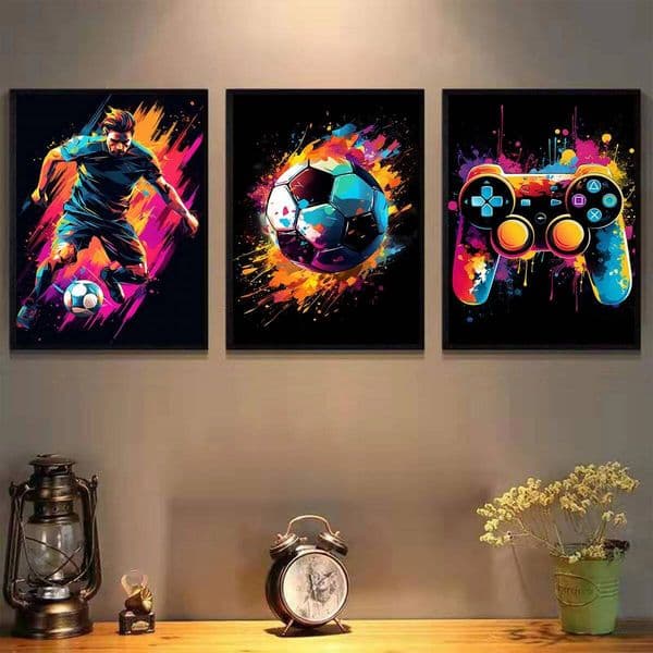 1/3pcs Neon Gaming Football Canvas Trendy Pop Aesthetics Prints Boys Bedroom Wall Home Decor Art Poster