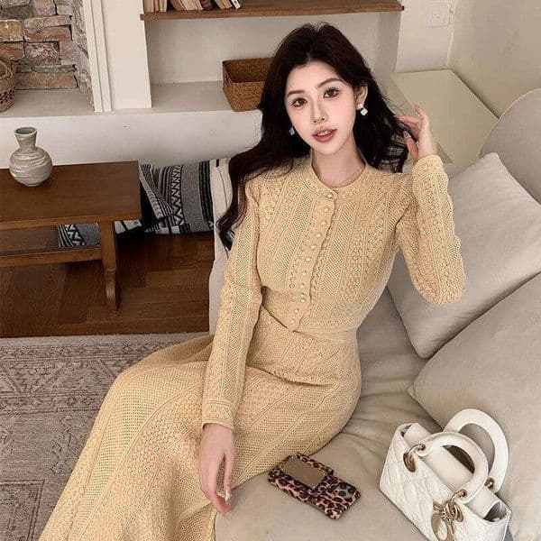 French dress 2026 S6 spring new designer knitted top+skirt long FC sleeved waistband long hem dress