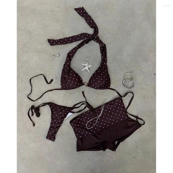 Women's Swimwear Dot Printed Low Waist Bikini Swimsuit Sexy Lady With Metal Ring Halter Biquini Fashion Mujer Beachwear Outfits