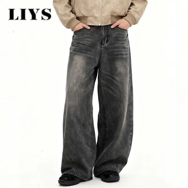 Mens American Retro Gray Baggy Wide Leg Jeans Daily Business Casual Loose Straight Leg Denim Pants Four Seasons Mens Clothes 260203BJ