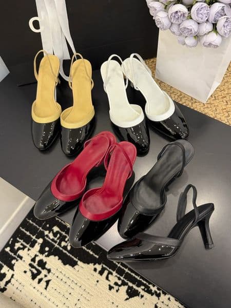 Pointed-Toe Slingback Heels HIGH Quality Two-Tone Patent Leather Stiletto Heel Adjustable Ankle Strap Elegant Office Evening Footwear Stylish Dressy Shoes with box