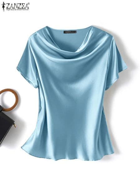 Women Summer Blouses ZANZEA Fashion Satin Tops Short Sleeve Blusas Female O Neck Casual Home Wear Tunic Chemise Oversized 260307