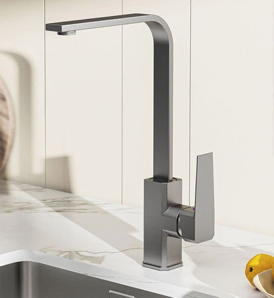 Minimalist Kitchen Sink Faucet, 360° Rotation, Gunmetal Gray Finish, All-Brass Construction, Hot/Cold Mixer Tap
