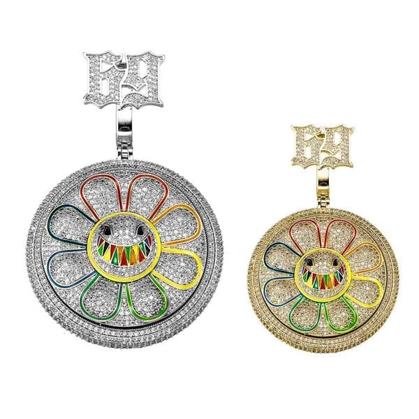 Newest 2026 Rotatable Rainbow Sunflower Shark Custom Hip Hop Pendant Bff Necklaces for Men