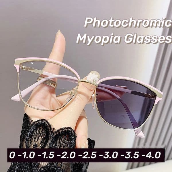 Personalized Cat Eye Pochromic Myopia Glasses Large Frame Color Changing Retro Anti Blue Light Near Sight 260415