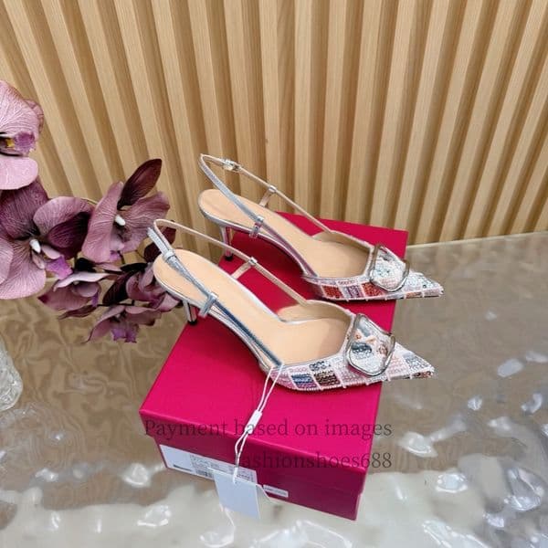 Colorful bead sequins silver leather splicing straps stiletto heels sexy wedding banquet womens shoes high-end office luxury designer high heels Sizes 35-43 +box 10/A