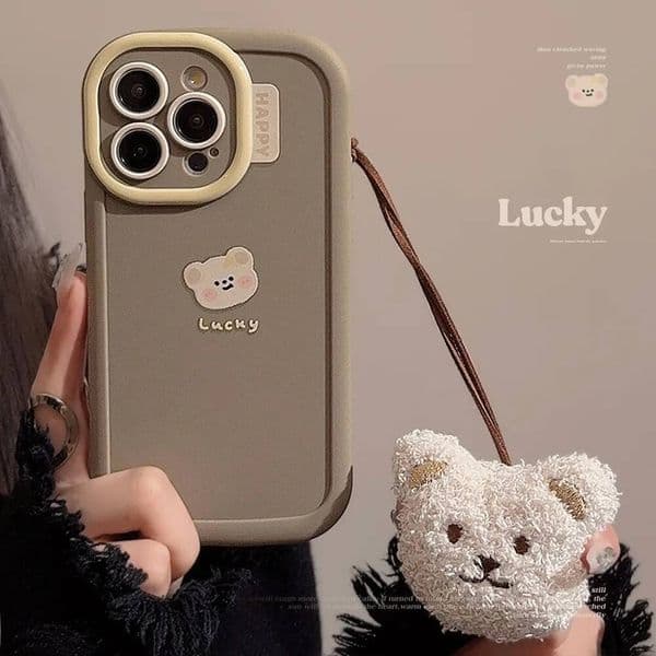 Simple Cute Cartoon Bear Phone Case With Strap For iPhone 16 15 14 13 12 11 Pro Max XS XR X 7 8 Plus Shockproof Protective Cover ddmythur