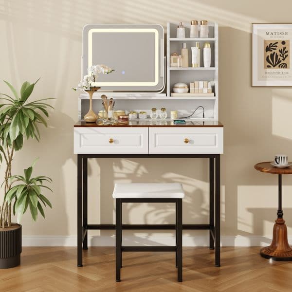 Makeup Vanity With Led Lighted Mirror 360 Rotatable Mirror Vanity Desk With 2 Drawers Power Outlet And 3 Tier Shelves Amber Glass Table Top Dressing Table