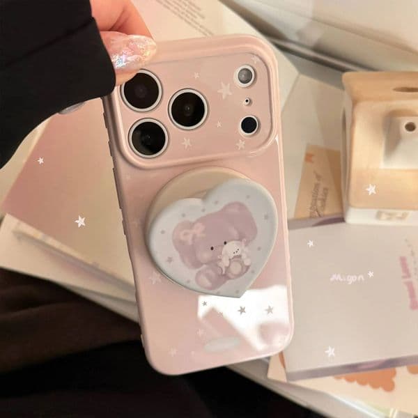 Korean Cartoon Elephant Bunny Love Heart Magnetic Bracket Phone Case For iPhone 17 16 15 14 13 12 Pro Max Shockproof Soft Cover ddmythur