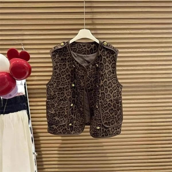 European Style Double Row Button Leopard Slips Vest Jacket Womens Autumn/Winter Outerwear Fashionable Shoulder Vest To 250711BJ