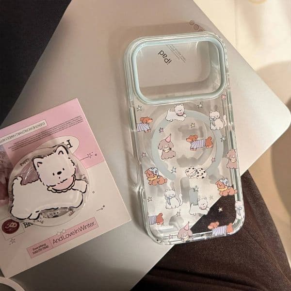 Korean Cartoon Puppy Graffiti Magnetic Bracket Phone Case For iPhone 17 16 15 14 13 12 Pro Max Clear Shockproof Protective Cover ddmythur