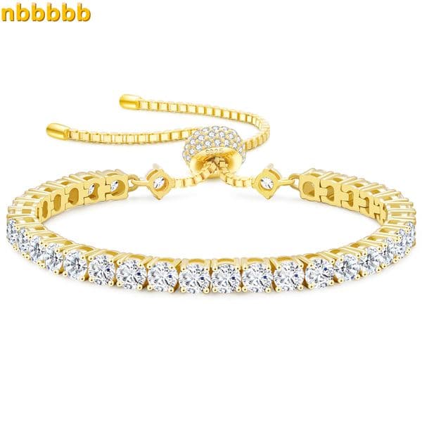 Women Jewelry VVS Moissanite Diamond Clustered Tennis 14K Gold Plated 925 Sterling Silver Tennis Chain 3mm Adjustable Bracelet