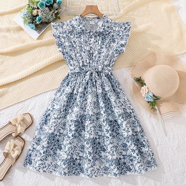 Girls' Dress, Spring and Summer New Style, Children's Clothing, Stylish Flying Sleeves, Floral Patterns, Waist Cinching, Big Swing Princess Skirt