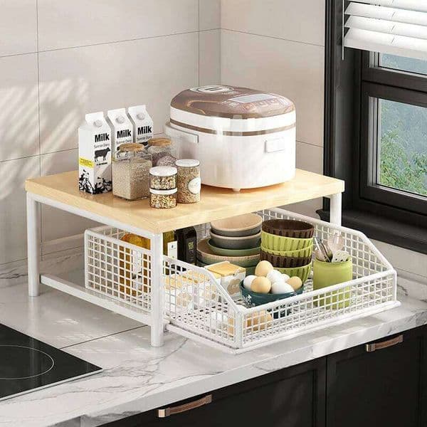 Space-Saving 2-Tier Pull-Out Rack Printer/Microwave Stand with Storage Basket | For Kitchen, Living Room & Bedroom