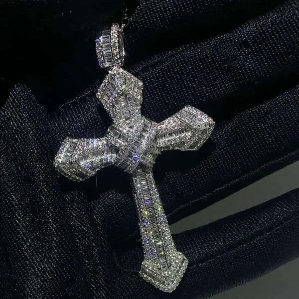 Rulalei Vintage Gorgeous Big 5A Cubic Zircon CZ Dia Sterling sier Cross Pendant Necklace for Women Men Party Wedding jewelry Gift