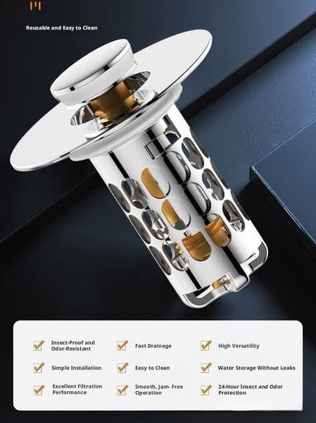 Pop-Up Sink Drain Stopper, 304 Stainless Steel Dual Filtration Basket, Anti-Odor Basin Drain Plug for Bathroom Sink