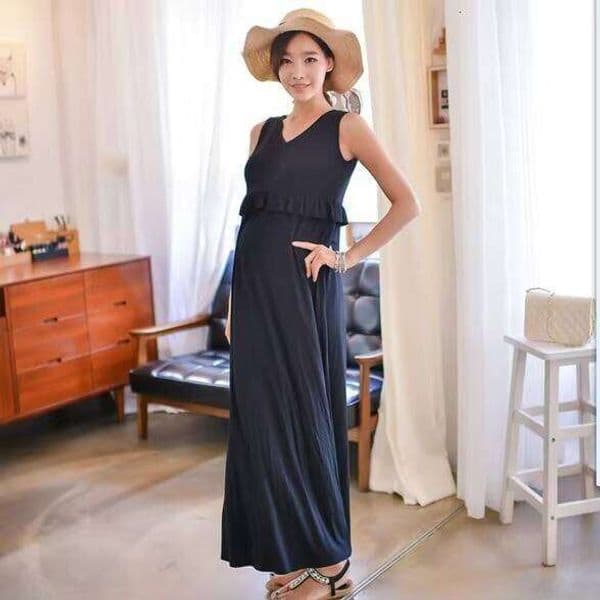 1707 Spring Summer Nursing Clothes Dress Modal Spandex V-Neck Flounce Long Skirt Dual-Use Nightgown For Pregnant Women Model