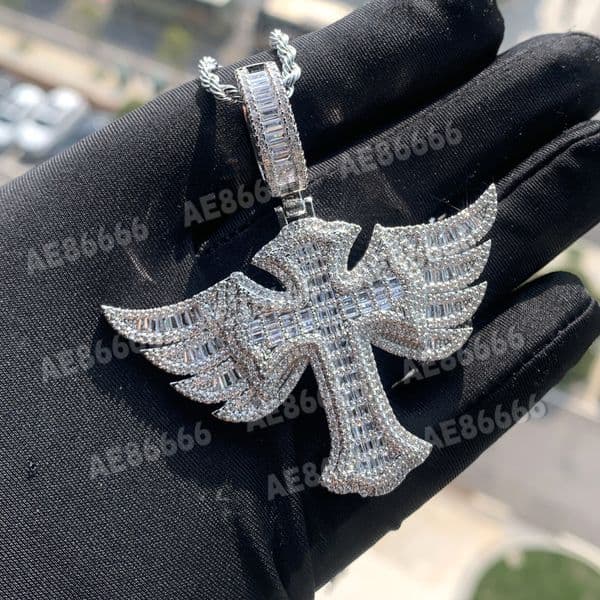 Wholesale Designer Popularity Iced Out Cross Pendant Gold Plated 925 Silver Micro Pave Baguette Angel Wings VVS Moissanite Bling Hip Hop Jewelry For Men Women