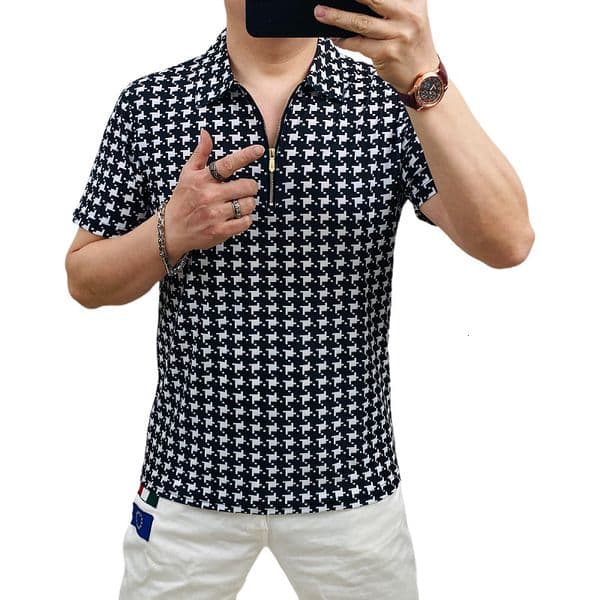 Luxury Brand Designer's Summer New Style Fashionable Checked T-shirt With Half-zipper, Casual Collar, Trendy Short Sleeves, Youthful Style