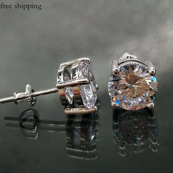 18K Gold Hip Hop Iced Out CZ Zirconia Round 0.4 0.6 0.8cm for Men and Women Diamond Earring Stud Screw Back Rock Rapper Ear Piercing Jewelry