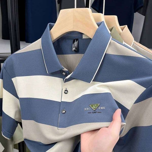 Luxury brand short sleeved men's polo shirt summer new fashion youth custom striped badge design Korean silk top casual T-shirt 26Y0420