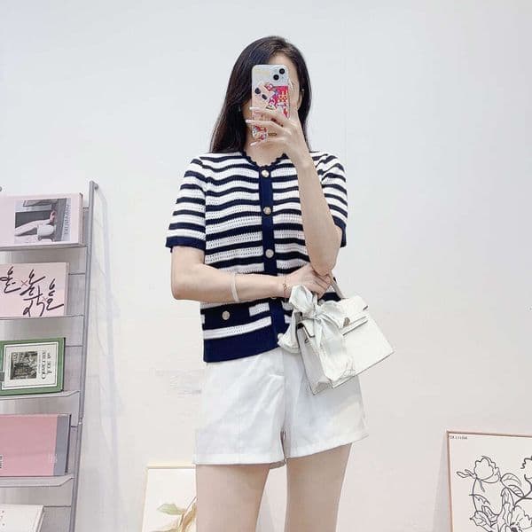 X21 French clothing 2026 autumn new item striped round neck short sleeved slim knit women's cardigan jacket