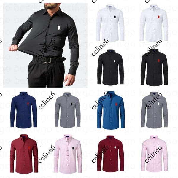 Designer polo streetwear solid color shirts business casual Oxford textile button top long sleeves slim fit embroidered shirt men Asian size