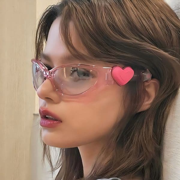 Fashion Oval Pink Heart Decoration Small Frame for Women Playful Cute Style Fashionable Sunglasses