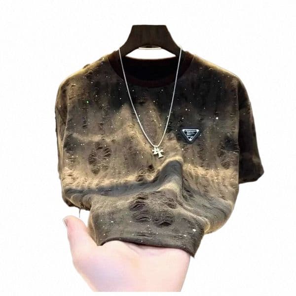 men's T-shirts Men's Tees Polos Ripped Starry Sky Men's Short Top Hot-selling Light Meteor Half Sleeve Round Neck Trendy Fashion Clothing 83Ba#