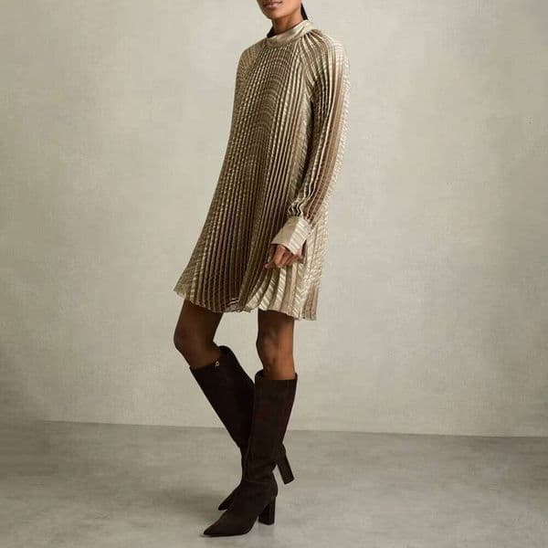 Women's Elegant Champagne Pleated Long Sleeve A-Line Shimmer Casual Party Dress