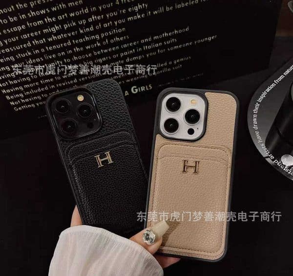 Orange leather lychee texture H-shaped logo Designer phone case for iPhone 17 air 16 15 plus 14 13 Pro 12 11 Pro Max Wallet card holder iPhone protective case