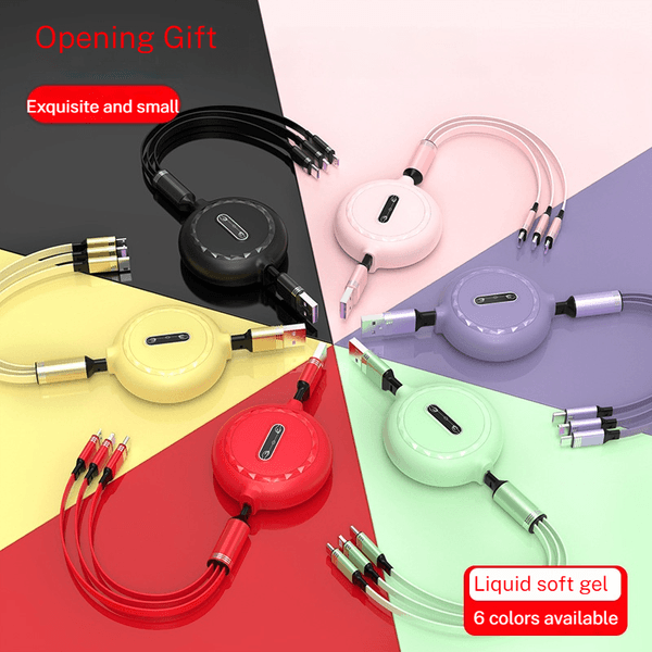 Retractable 3 in 1 Anti Tangle Charging Cable 3A Fast Charging Liquid Silicone Compatible with Lightning Micro USB Type C Multi Port Portable Charger Cord