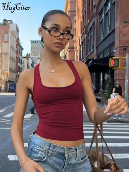 Hugcitar Summer Solid Straps Sexy Slim Crop Tank Top Women Casual Y2K Clothes Streetwear Party Sport Festivak Wholesale 260422