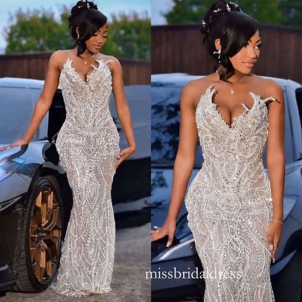 Luxurious Wedding Dresses Crystal Pearls Beading Bridal Gowns Strapless Mermaid See Through Rhinestone Customized Bride Vestidos De Novia Plus Size Mb422