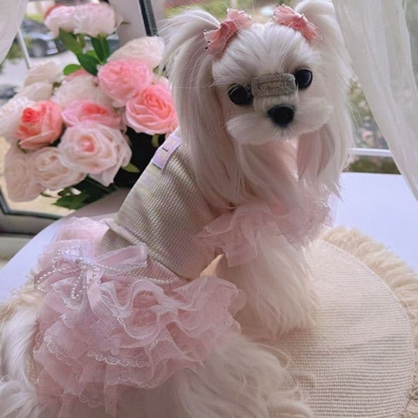 Pastel Pink Lace Pearl Bow Dog Dress Set, Sweet 2-Piece Pet Outfit, Elastic Soft Puppy Skirt for Maltese Yorkie, Breathable Small Dog Apparel, Cute Princess Pet Clothes W18